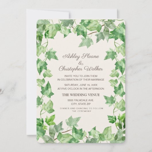 Elegant Green Ivy Leaves Cream Wedding Kaart (Voorkant)