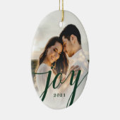 Elegant Green Joy Script Foto Kerstmis Keramisch Ornament (Rechts)