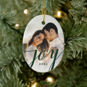 Elegant Green Joy Script Foto Kerstmis Keramisch Ornament