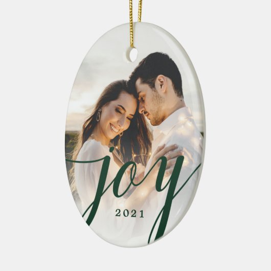 Elegant Green Joy Script Foto Kerstmis Keramisch Ornament (Links)