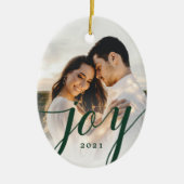 Elegant Green Joy Script Foto Kerstmis Keramisch Ornament (Voorkant)