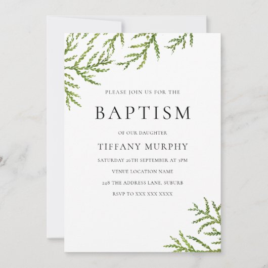 Elegant Green Leaf Boy of Girl Baptism Invitation Kaart (Voorkant)