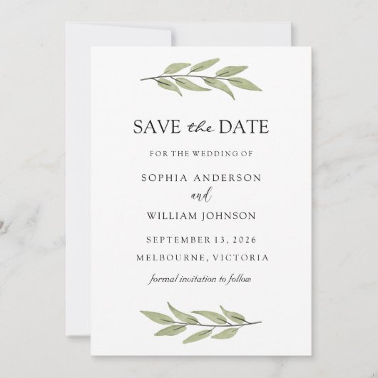 Elegant Green Leaf Greenery Spring Wedding Save The Date (Voorkant)