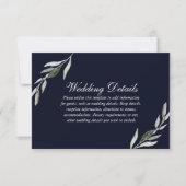 Elegant Green Leaf Navy Blue Wedding Reception Kaart (Voorkant)
