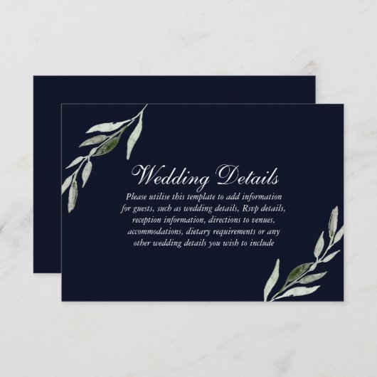 Elegant Green Leaf Navy Blue Wedding Reception Kaart (Voorkant / Achterkant)
