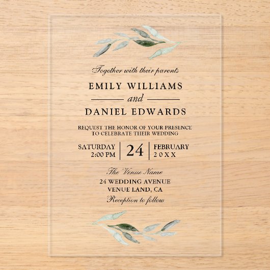 Elegant Green Leaf Wedding Acryl Uitnodigingen (Voorkant)
