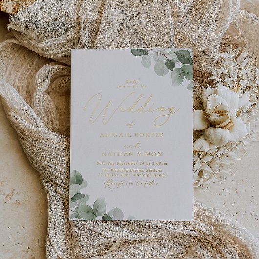 Elegant Green Leaf Wedding Gold Folie Uitnodiging