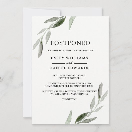 Elegant Green Leaf Wedding Postponed Notice Kaart (Voorkant)