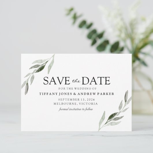 Elegant Green Leaf Wedding Save the Date (Staand voorkant)