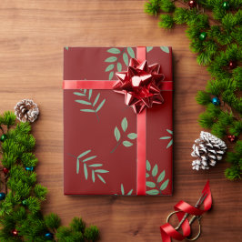 Elegant Green Leaf Wrapping Paper op Deep Red Cadeaupapier