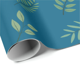 Elegant Green Leaf Wrapping Paper op Ocean Blue Cadeaupapier