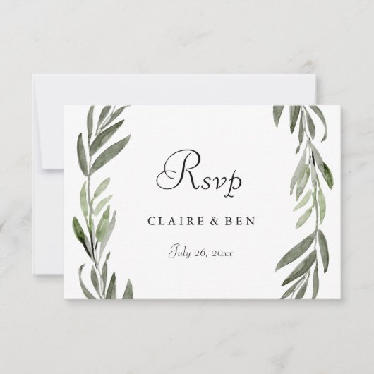 Elegant Green Leaf Wreath Wedding RSVP Kaartje (Voorkant)