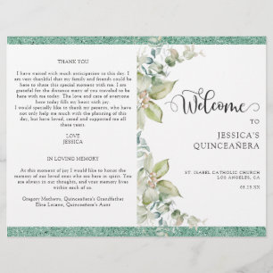 Elegant Green Leaves, Glitter Quinceañera-programm