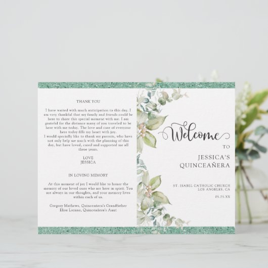 Elegant Green Leaves, Glitter Quinceañera-programm (Staand voorkant)