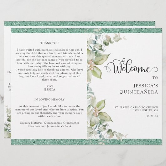 Elegant Green Leaves, Glitter Quinceañera-programm (Voorkant / Achterkant)