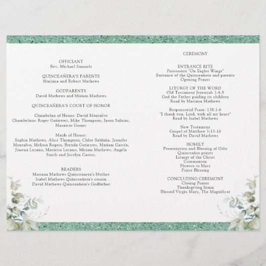 Elegant Green Leaves, Glitter Quinceañera-programm (Achterkant)