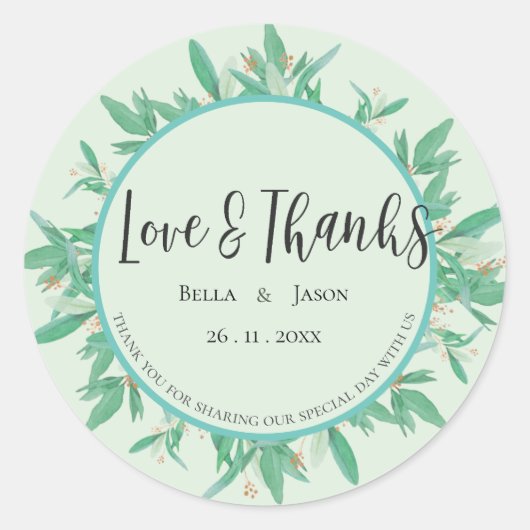 Elegant Green Leaves Greenery Wedding Bedankt Ronde Sticker (Voorkant)