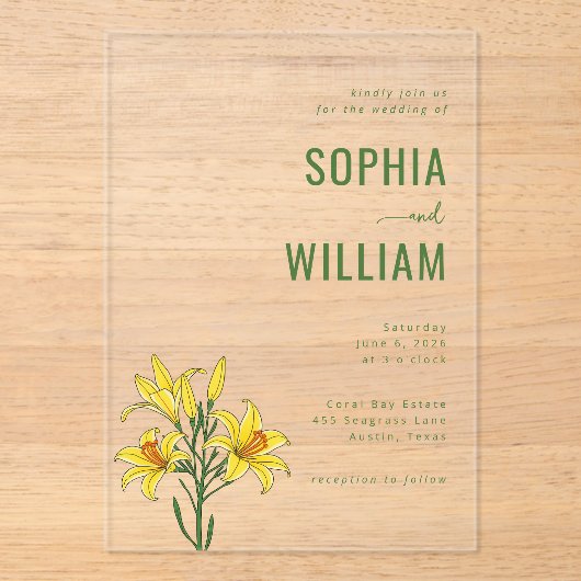 Elegant Green Lily Wedding Invitation Acryl Uitnodigingen (Voorkant)