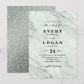 Elegant Green Marble & Glitter Wedding Invitation Kaart (Voorkant / Achterkant)