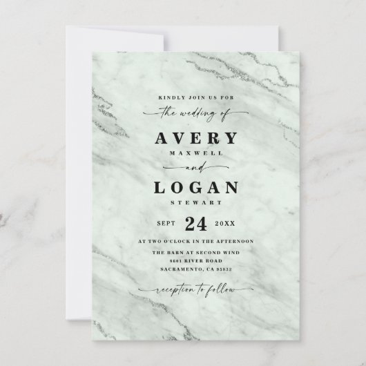 Elegant Green Marble & Glitter Wedding Invitation Kaart (Voorkant)