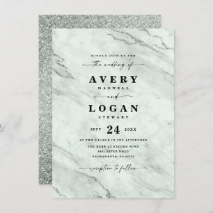Elegant Green Marble & Glitter Wedding Invitation Kaart