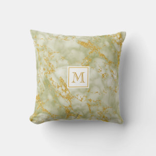 Elegant Green Marble Monogram Faux Gold Glitter Kussen
