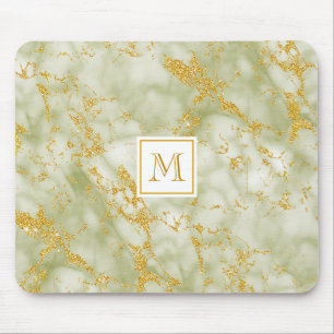 Elegant Green Marble Monogram Faux Gold Glitter Muismat