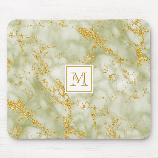 Elegant Green Marble Monogram Faux Gold Glitter Muismat (Voorkant)