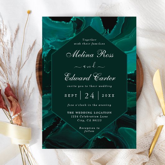 Elegant Green Marble Wedding Invitation Save The Date