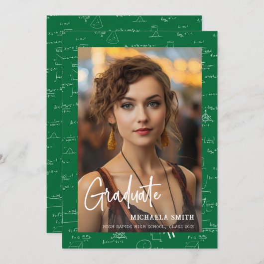 Elegant Green Math Script Photo Graduation Aankondiging (Voorkant / Achterkant)