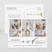 Elegant Green Merry & Bright 3 Foto Holiday Briefkaart (Voorkant / Achterkant)