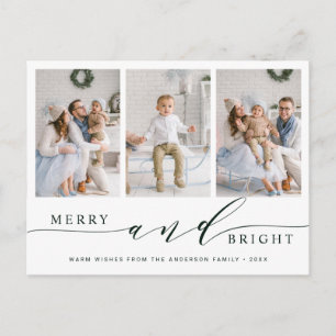 Elegant Green Merry & Bright 3 Foto Holiday Briefkaart
