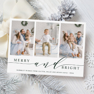 Elegant Green Merry & Bright 3 Foto Holiday Kaart