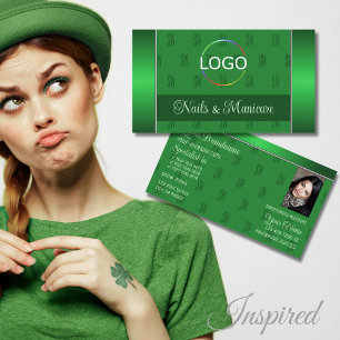 Elegant Green met Logo Foto en Monogram Patroon Visitekaartje