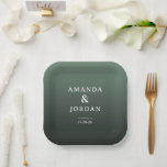 Elegant Green Minimalist Papieren Bordje<br><div class="desc">This elegant wedding plate features a sophisticated gradient background transitioning from soft mint to deep forest green, creating a calming and natural aesthetic. The design showcases clean, modern typography with centered names and details in a minimalist sans-serif font, emphasizing clarity and simplicity. Perfect for formal occasions, the understated elegance of...</div>