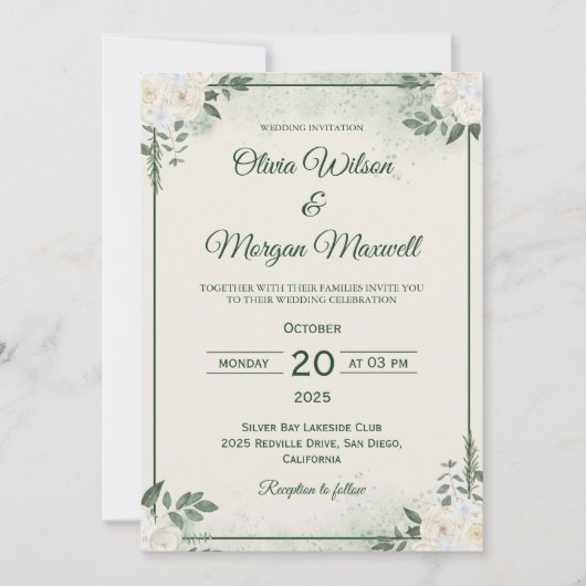 Elegant Green Minimalist Wedding Invitation Kaart (Voorkant)