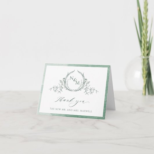 Elegant Green Monogram, Waterverf Wedding Bedankkaart (Voorkant)