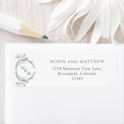 Elegant Green Monogram Wedding Return Address Etiket (Insitu)