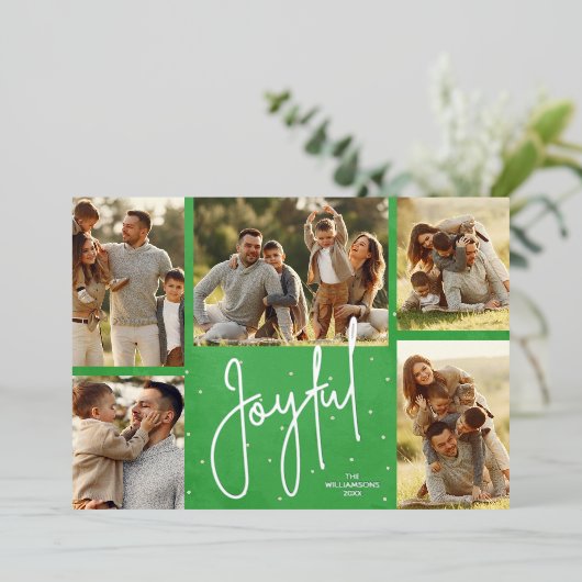 Elegant Green Multi Photo Joyful Silver Folie Feestdagenkaart (Staand Voorkant)
