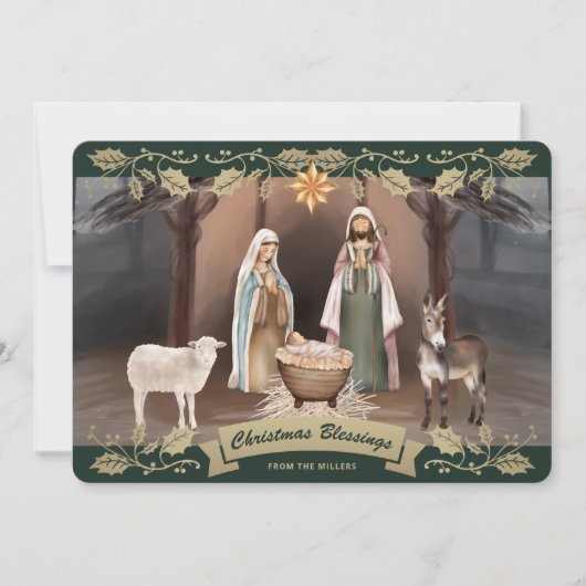 Elegant Green Nativity Scene Christian Christmas Feestdagenkaart (Voorkant)