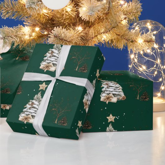 Elegant Green New Year Frosted Tree Cadeaupapier (Feestdagen)