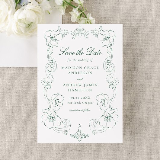 Elegant Green Ornate Floral Frame Wedding Save The Date