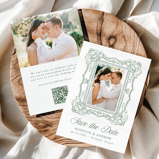 Elegant Green Ornate Frame 2 Photo QR Code Wedding Save The Date