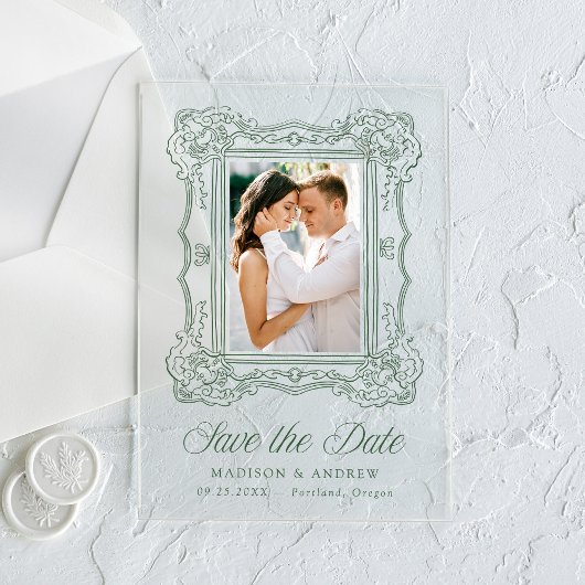 Elegant Green Ornate Frame Wedding Save the Date Acryl Uitnodigingen