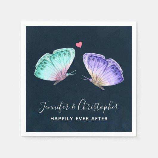 Elegant Green & Paarse Waterverf Butterflies Servet (Voorkant)