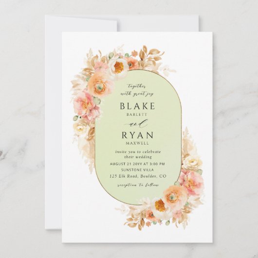 Elegant Green, Peach Blush and Cream Oval Wedding Kaart (Voorkant)