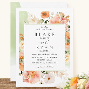 Elegant Green, Peach en Blush Botanical Wedding Kaart