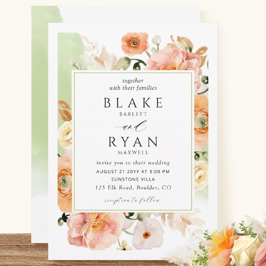 Elegant Green, Peach en Blush Botanical Wedding Kaart