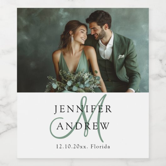 Elegant Green Photo & Monogram Wedding Wijn Etiket (Enkel label)