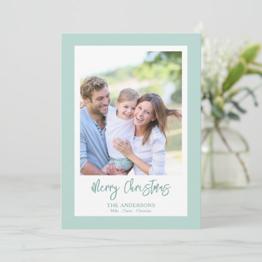 Elegant Green Photo Pattern Script Christmas Feestdagenkaart (Staand voorkant)